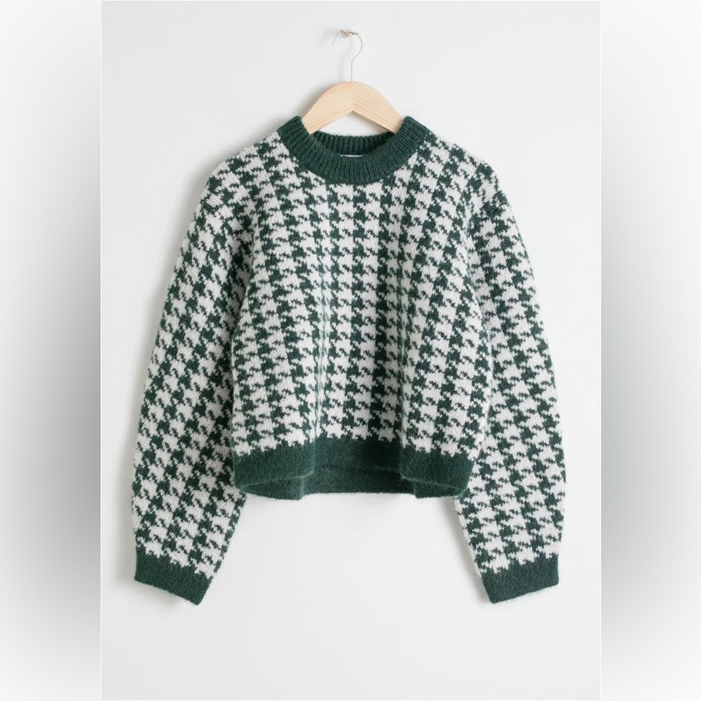 & other stories green and white houndstooth cropped fuzzy warm sweater Xs small - Picture 4 of 11